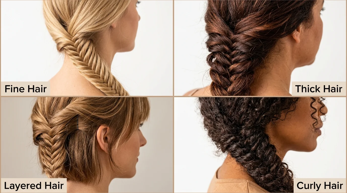 Four-panel comparison of fishtail braids on fine, thick, layered, and curly hair types