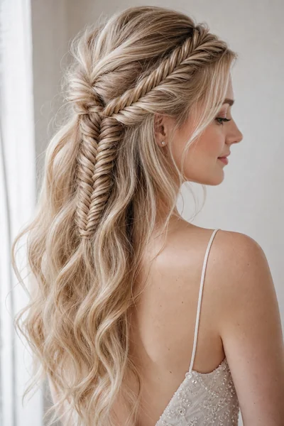 Fishtail braid half-up wedding hairstyle — delicate bridal style for square and heart face shapes with fine to medium hair