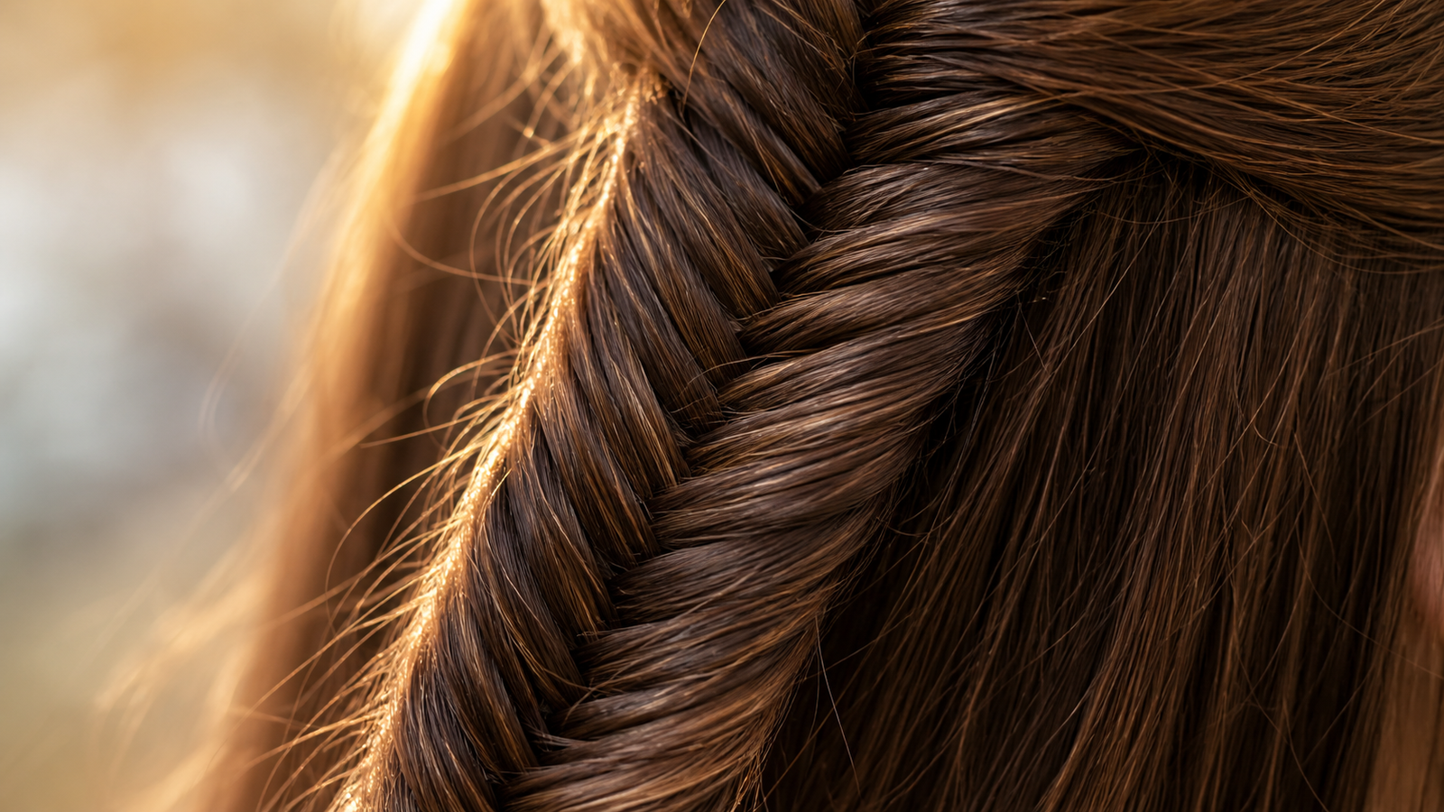 Fishtail braid close-up showing herringbone weave pattern on long straight hair