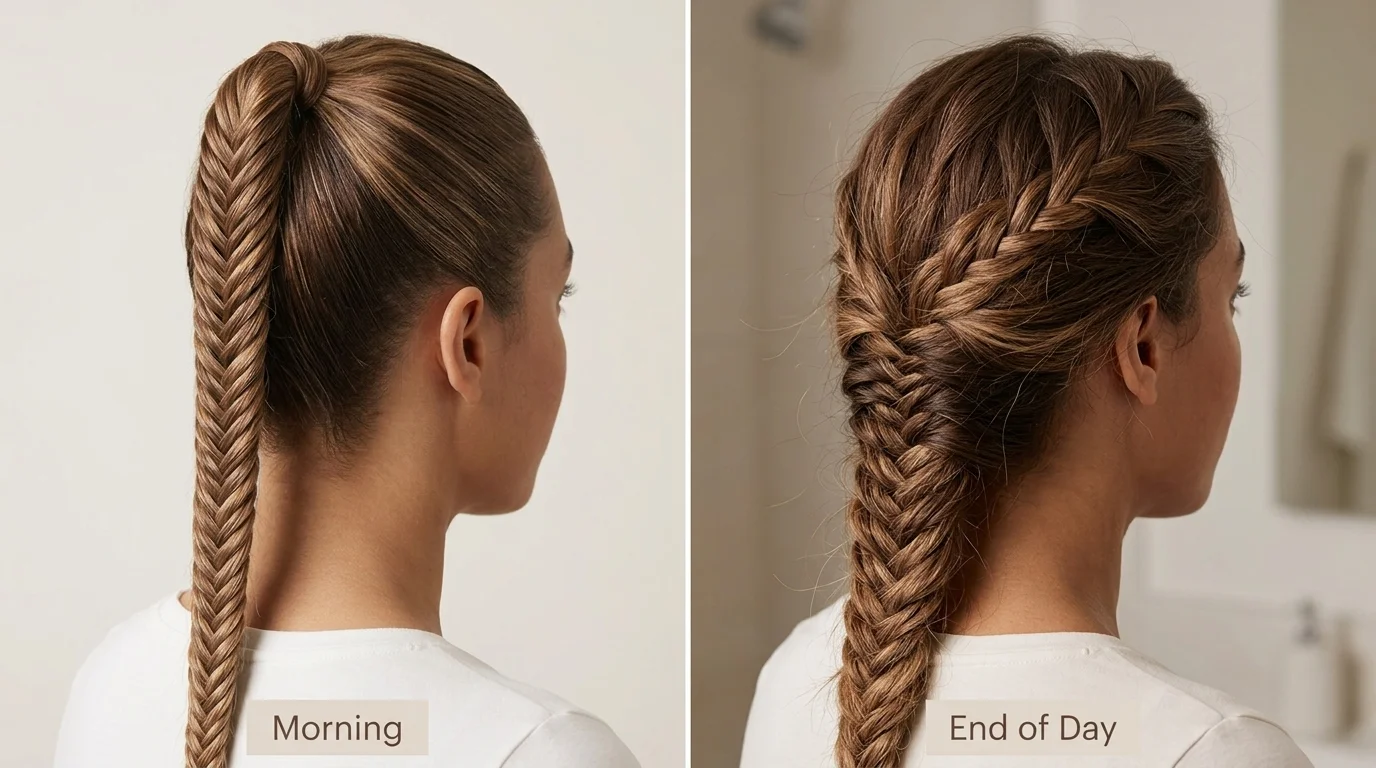 Fishtail braid comparison showing fresh morning hold next to realistic end-of-day loosening at the crown