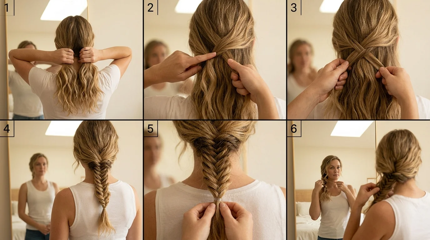 Step-by-step tutorial showing hand positioning and crossing technique for fishtail braiding