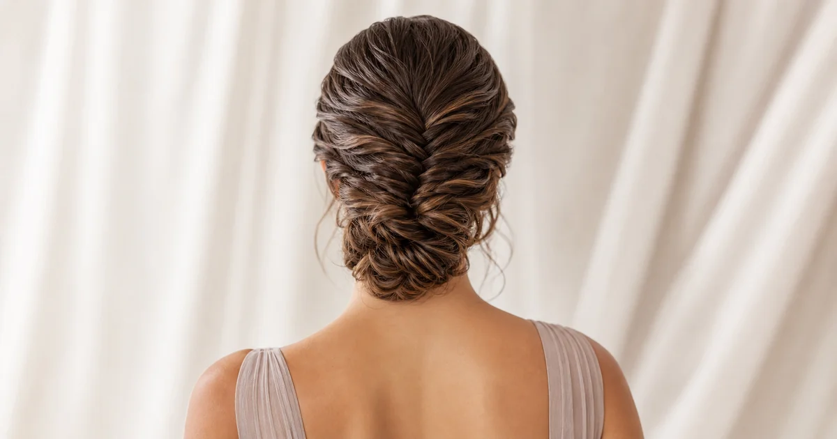 Fishtail braid updo for a backless bridesmaid dress.