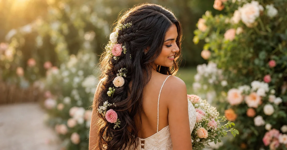 Fishtail braid half-up with woven flowers — romantic boho wedding hairstyle