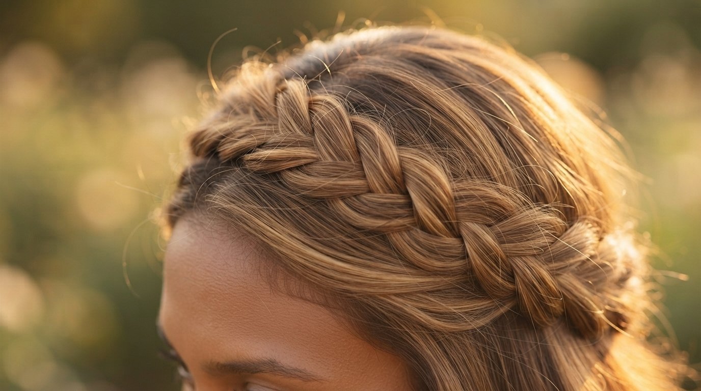 Fishtail halo braid crown showing intricate woven texture on long hair