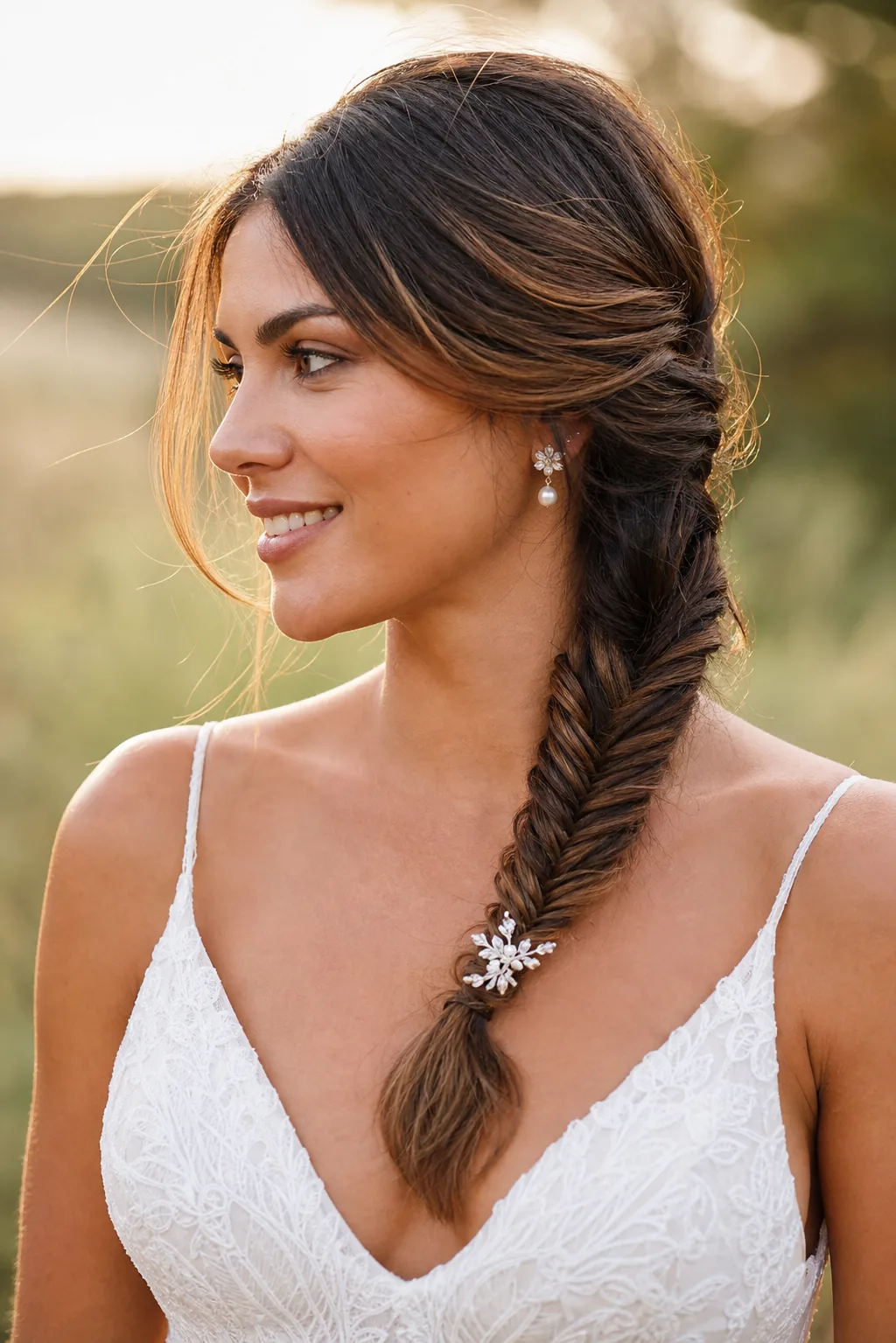 Fishtail side braid wedding hairstyle for short hair, side-gathered braid, textured pattern