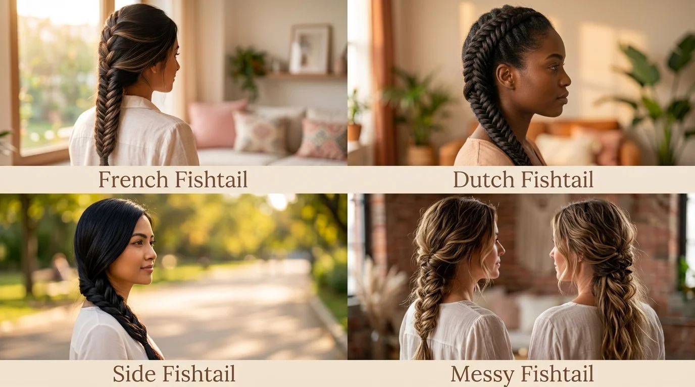 Gallery of four fishtail braid variations: French fishtail, Dutch fishtail, side fishtail, and messy fishtail styles