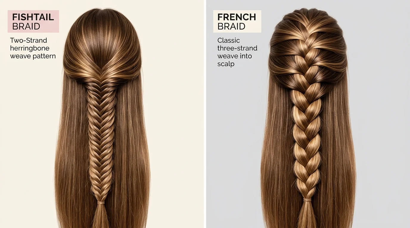 Side-by-side comparison of fishtail braid vs. French braid texture and structure