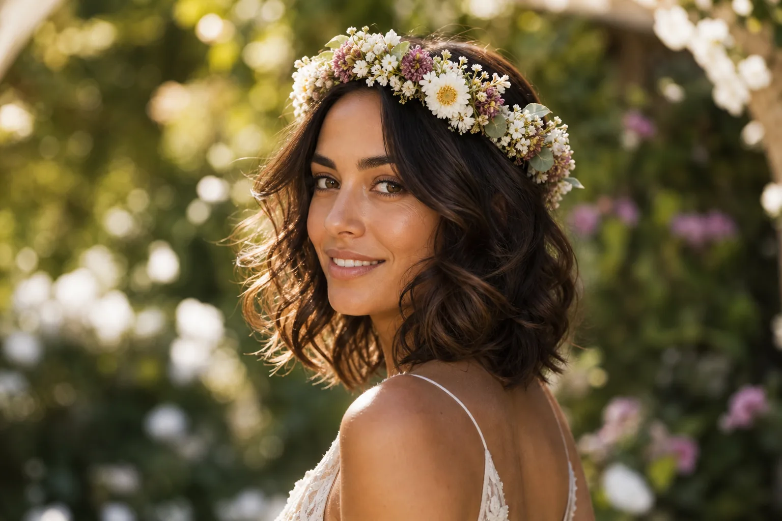 Floral crown with loose waves wedding hairstyle for short hair, boho styling, flower crown, soft waves