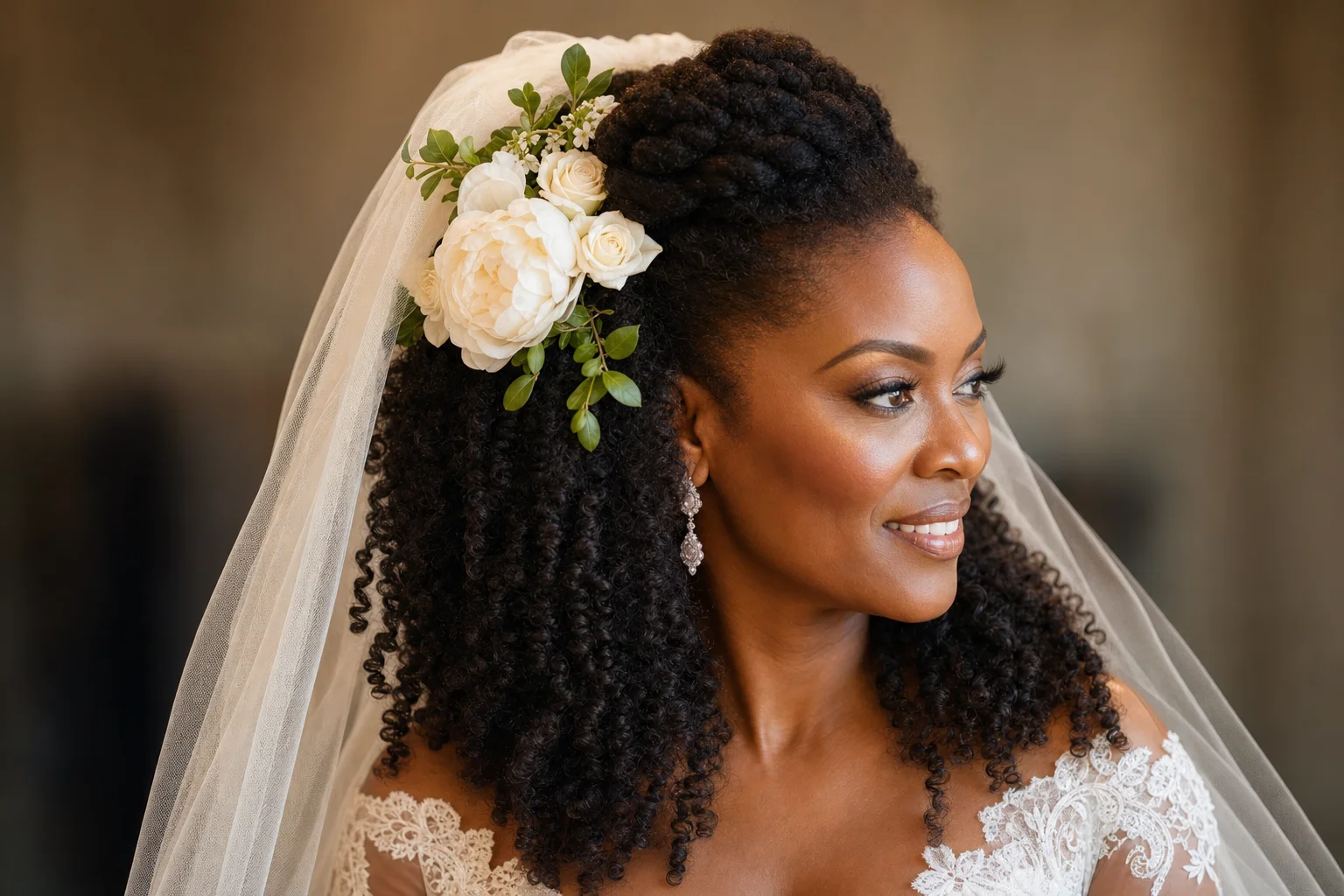 18 Wedding Hairstyles With a Veil You'll Fall in Love With 8 Half-up half-down with flower accents wedding hairstyle for natural coily hair and veil
