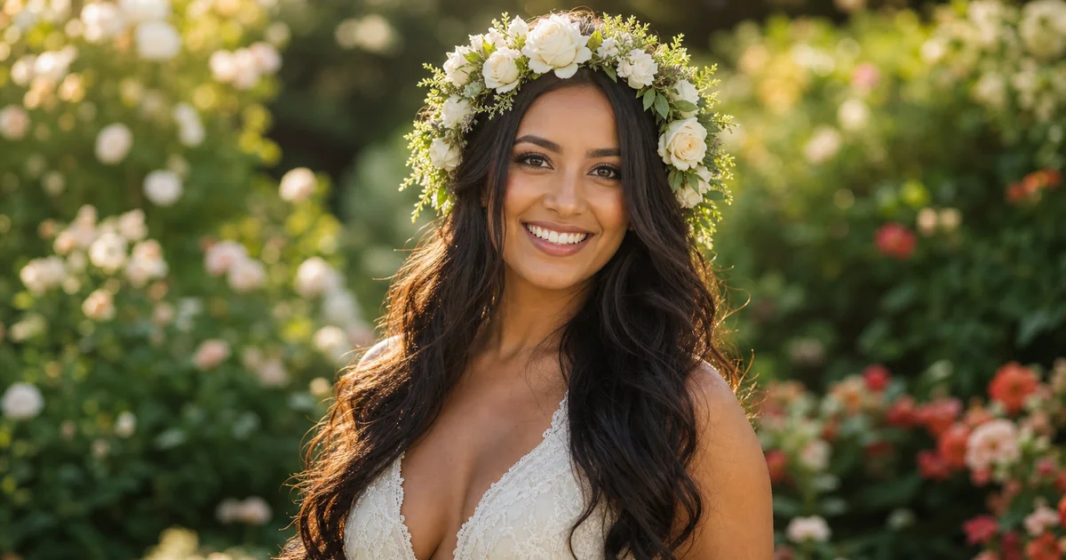 Fresh flower crown halo with roses — iconic boho wedding accessory