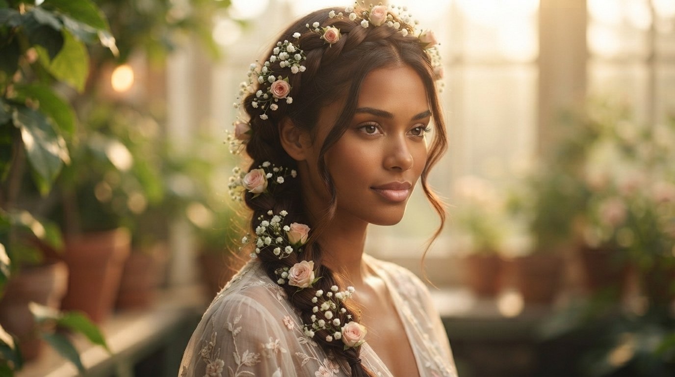 Halo braid hairstyle with fresh flowers (baby's breath and roses) woven into the crown