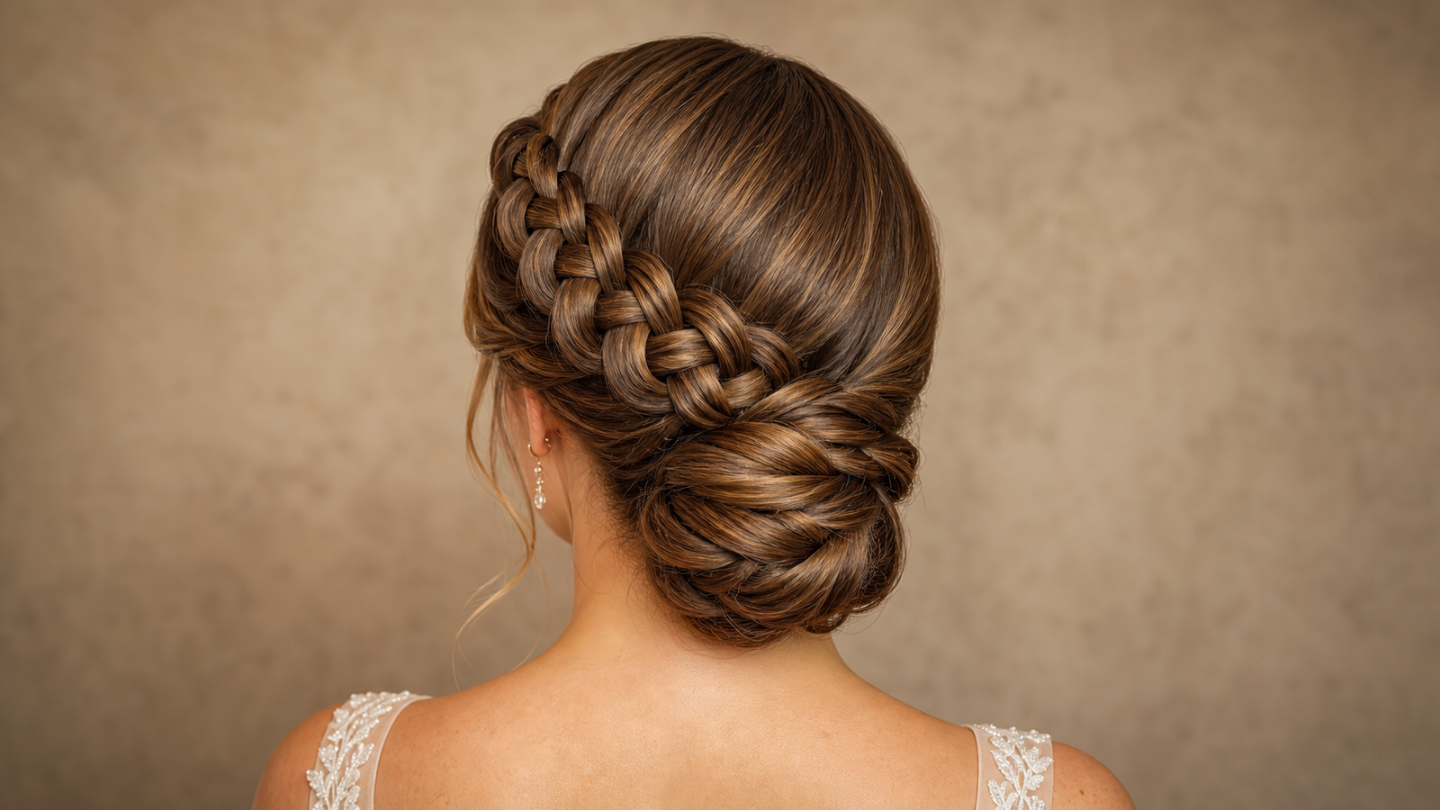 Formal Dutch braid chignon at nape — timeless elegant updo for weddings and events