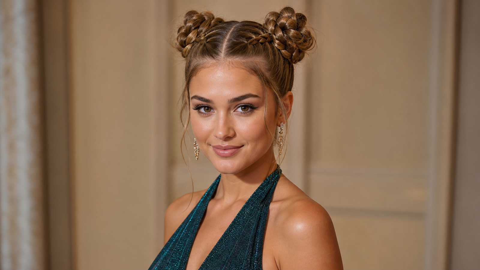 Braided Updo Hairstyles for Prom and Formal Events: 11 Styles That Last All Night 7 Young woman wearing bold braided space buns hairstyle at a formal event, playful yet polished updo