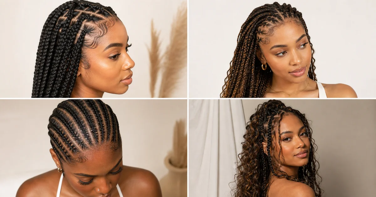 Comparison of four braid styles (box braids, knotless braids, cornrows, boho braids) with fresh frizz-free edges and maintenance