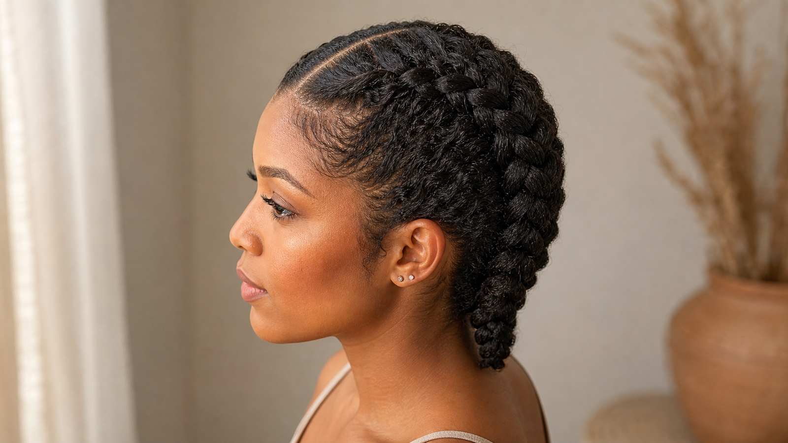 French braid on medium-length coily hair with centered crown part — beginner-friendly style