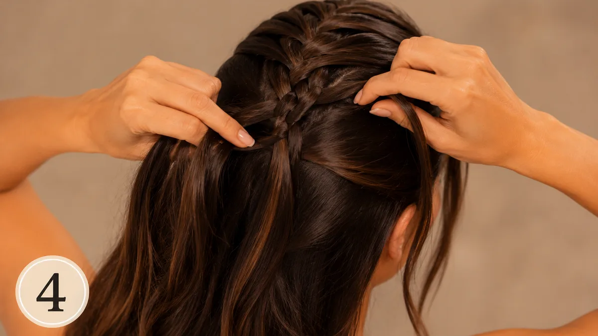 Step 4 of how to French braid your own hair, picking up a new section of hair and adding it into the crossing strand.