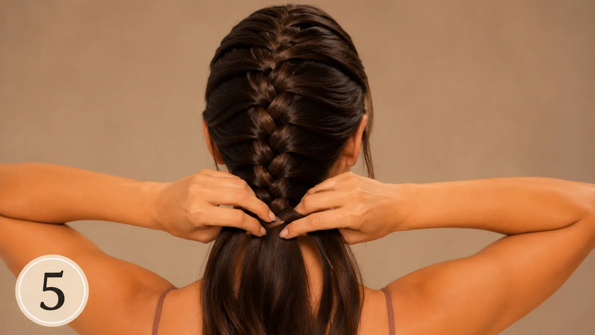 Step 5 of how to French braid your own hair, keeping the braid flat and close to the scalp with even tension.