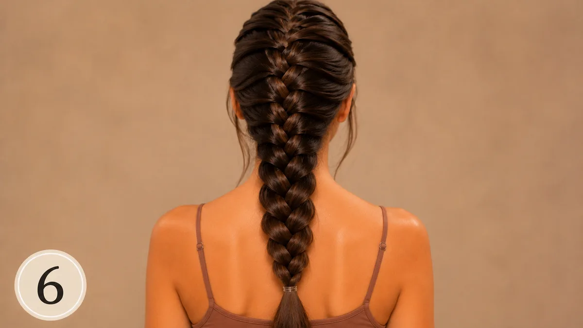 Step 6 of how to French braid your own hair, the finished braid secured at the ends with a small elastic.