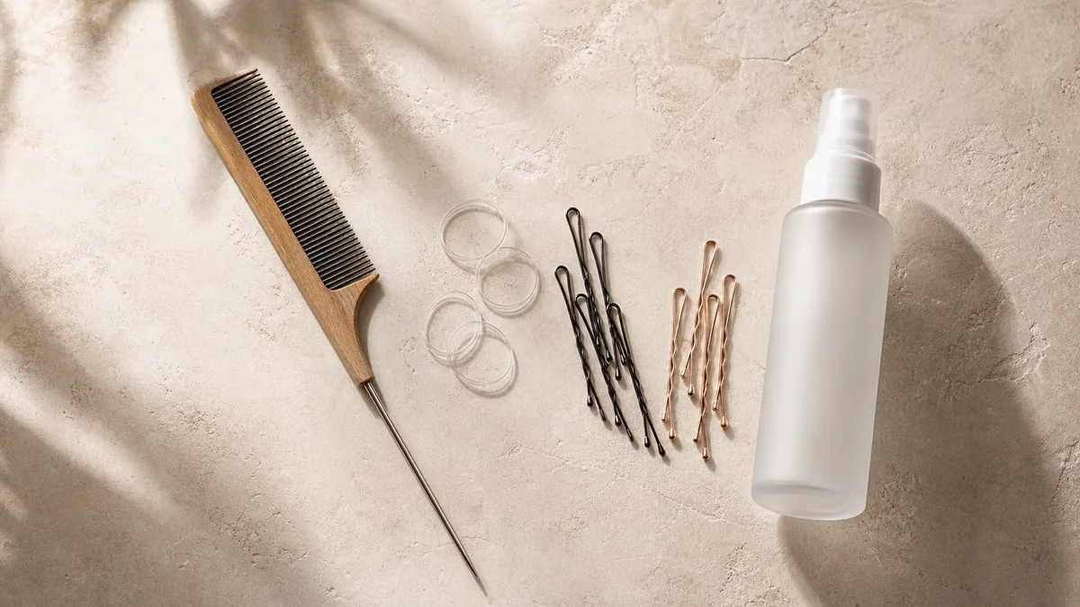 Hair tools needed for a French braid: comb, elastics, bobby pins, texturizing spray.