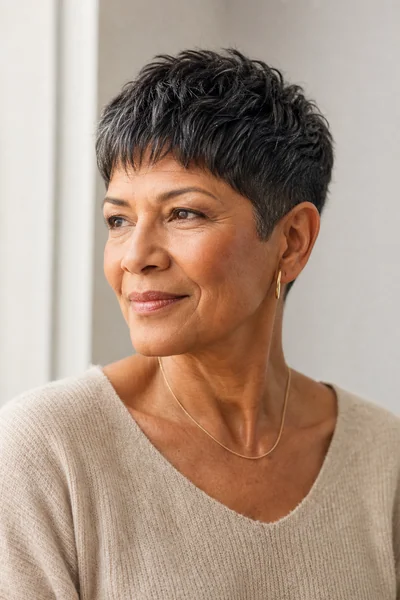 French crop with tapered sides and textured top on thick hair — bold short haircut