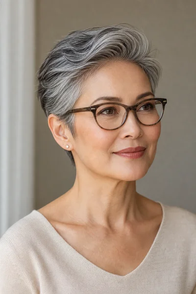 12 Short Gray Pixie Cuts for Women Over 50 13 Gray pixie haircut designed for glasses wearers, short and off the face