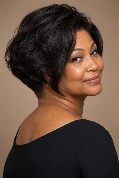 25 Flattering Short Haircuts for Women Over 50 Round Faces 8 Graduated bob with undercut nape — angled short haircut for softening jawline over 50