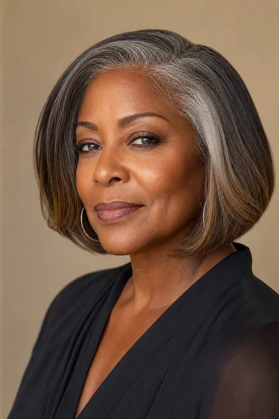 35 Short Haircuts for Black Women Over 50 That Look Stunning in 2026 27 Gray blend bob for Black women over 50 — blends regrowth with colored ends, softens demarcation line for transitioning hair