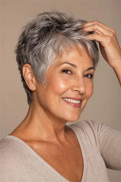 gray-blending pixie for fine silver hair over 50 — baby-light lowlights soften new-growth line