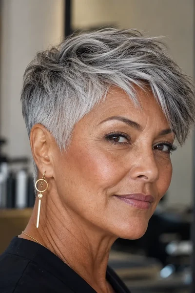Gray pixie haircut with longer top and tapered sides — textured styling versatility