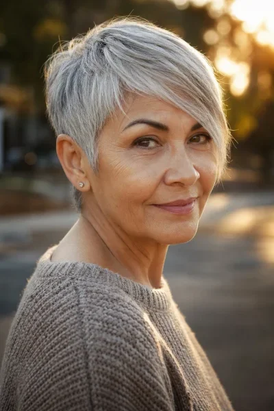 Gray pixie haircut with side-swept fringe — soft face-framing styling for mature women
