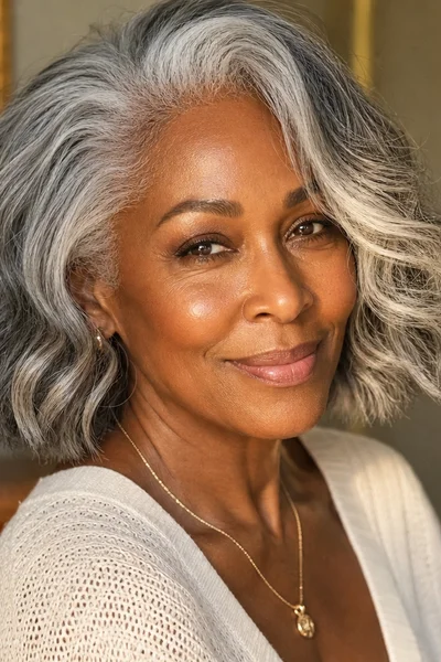 Gray wavy bob with side part for women over 50 — waves add texture and softness to fully gray hair
