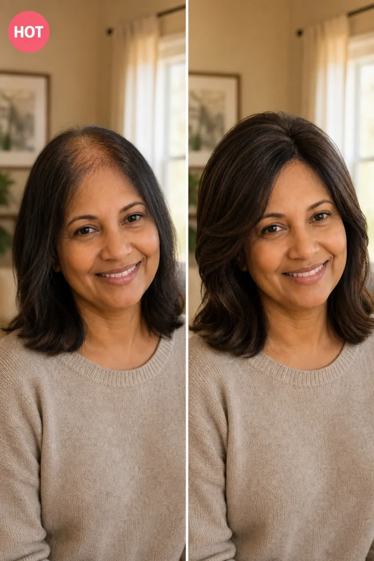 Before and after hair topper transformation showing thinning crown to full volume.
