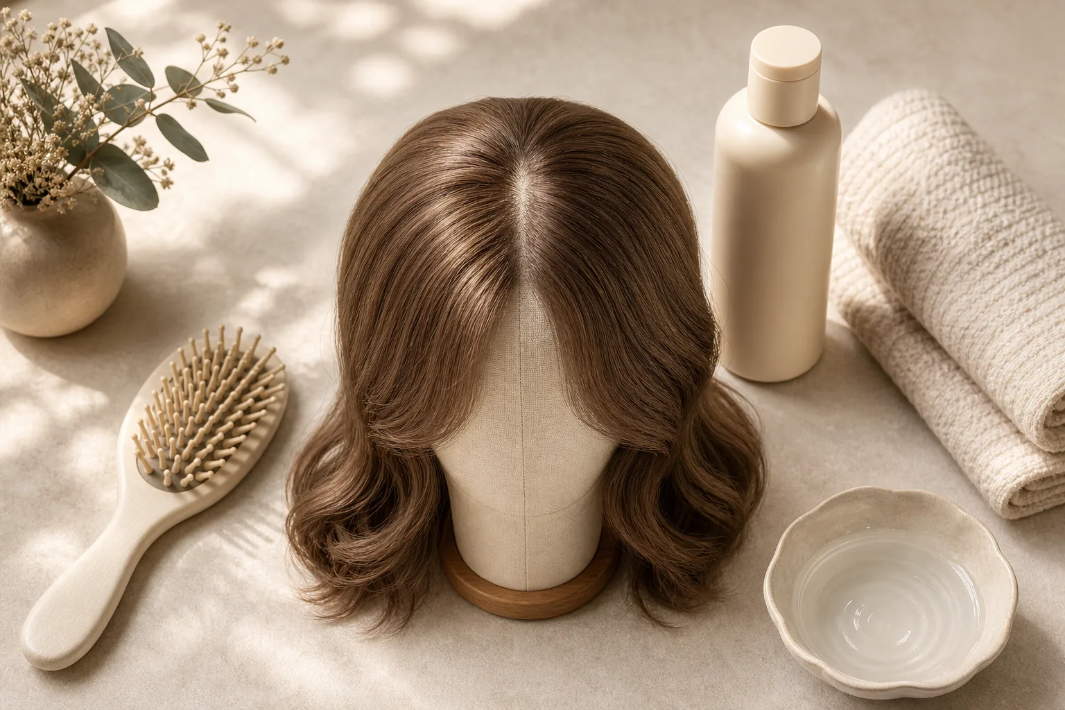 Hair topper care products and stand: soft brush, gentle shampoo, and topper display stand for maintenance routine.
