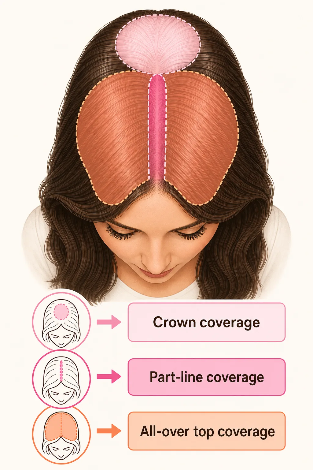 Diagram showing three hair topper coverage zones: crown, part-line, and all-over top coverage areas.