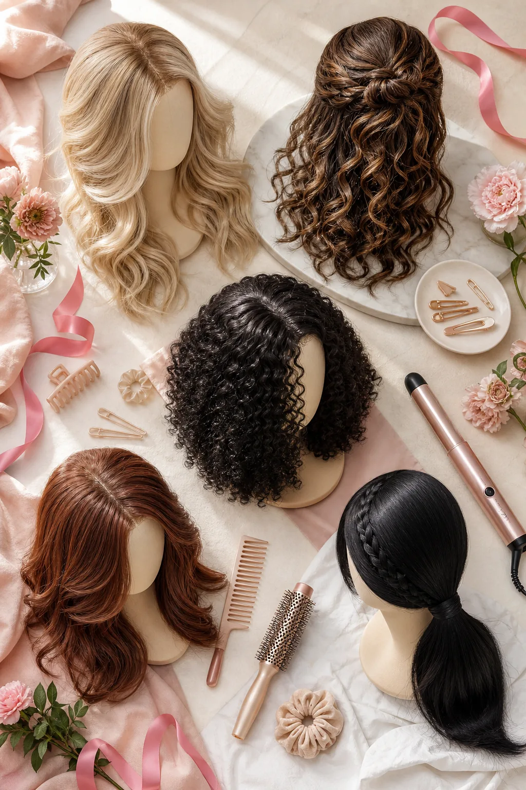 Flat-lay collection of five different hair topper hairstyles showing styling versatility for thinning hair coverage.