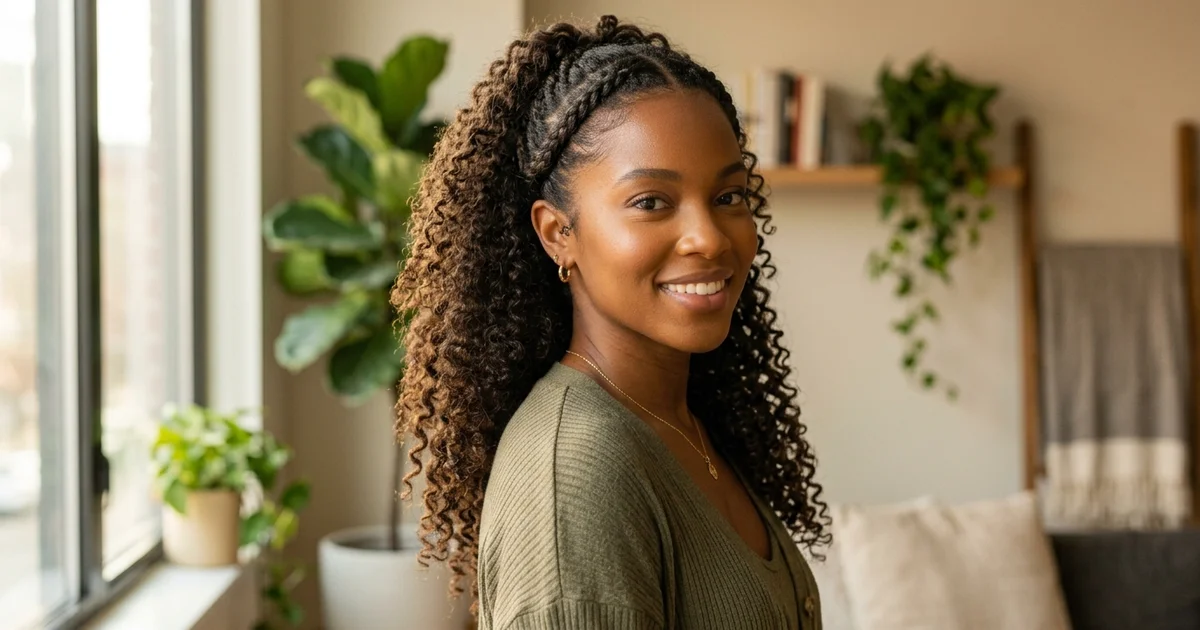 12 Braided Ponytail Ideas for Workouts and Everyday Wear 10 Half braid half ponytail on curly natural hair showing two temple braids meeting at back with loose curls below