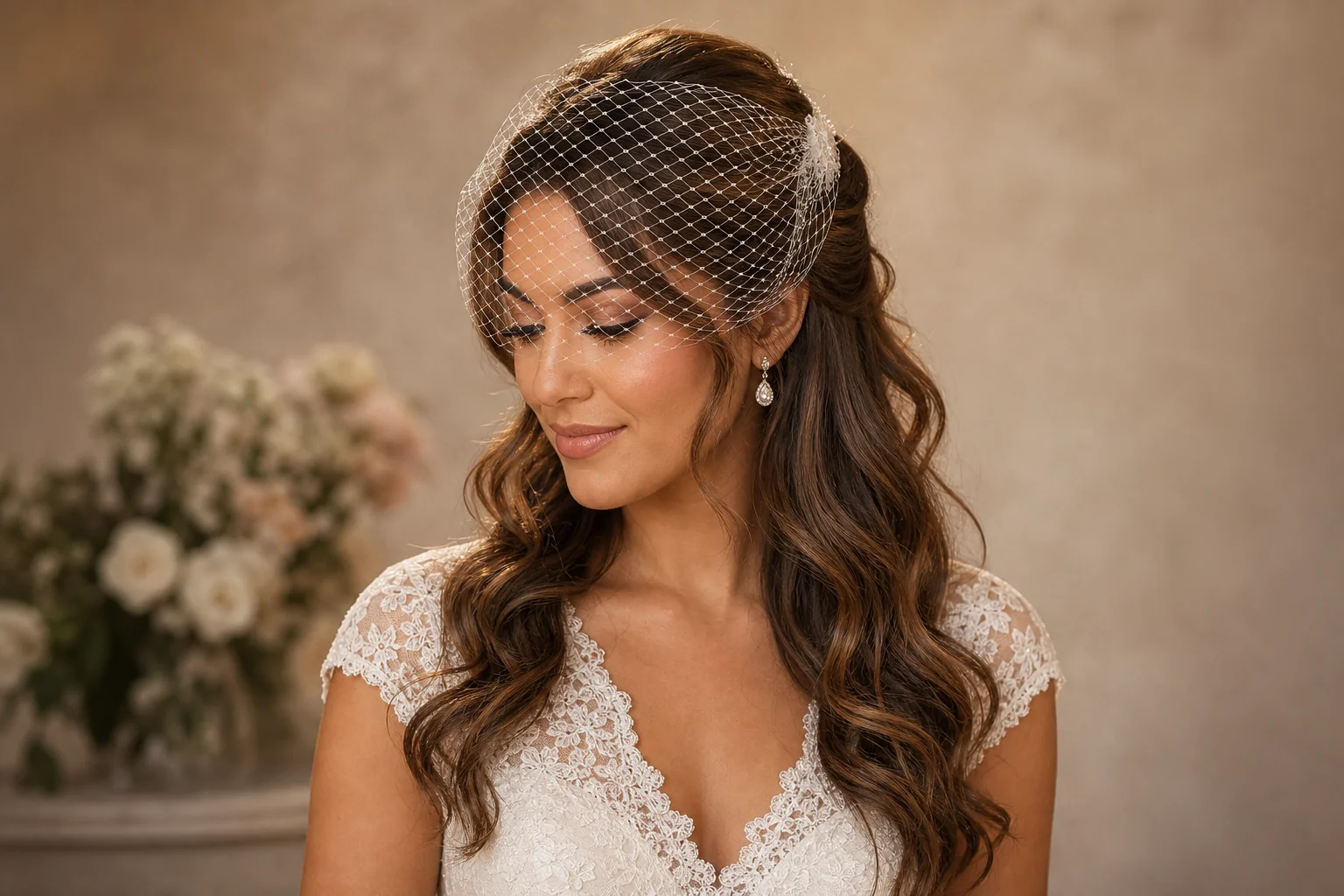 Half-up bridal hairstyle with birdcage veil — vintage-inspired option