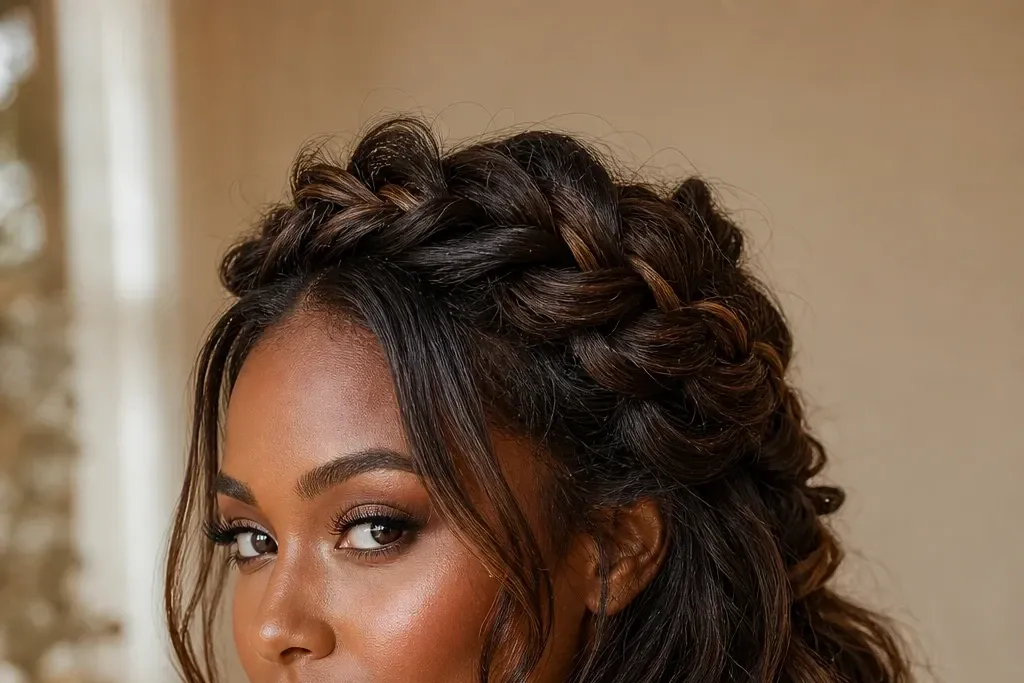 Half-up Dutch braid crown bridal hairstyle for long thick hair