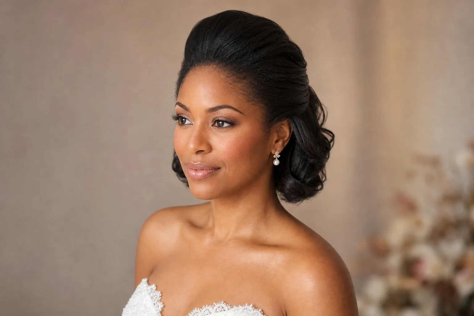 Half-up bump style wedding hairstyle for short hair, crown volume, backcombed texture