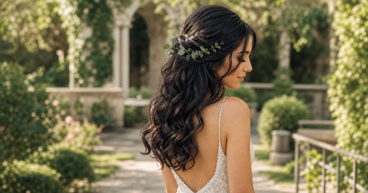 Half-up gathered curls with greenery vine — romantic boho wedding hairstyle