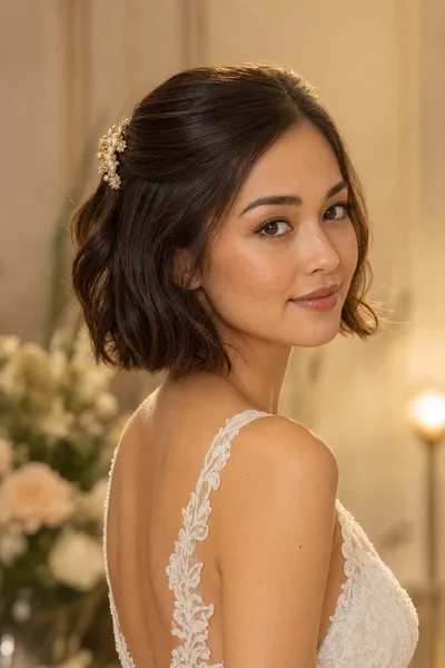 Half-up wedding hairstyle with decorative clip for short hair — versatile bridal option for all face shapes with thick short hair