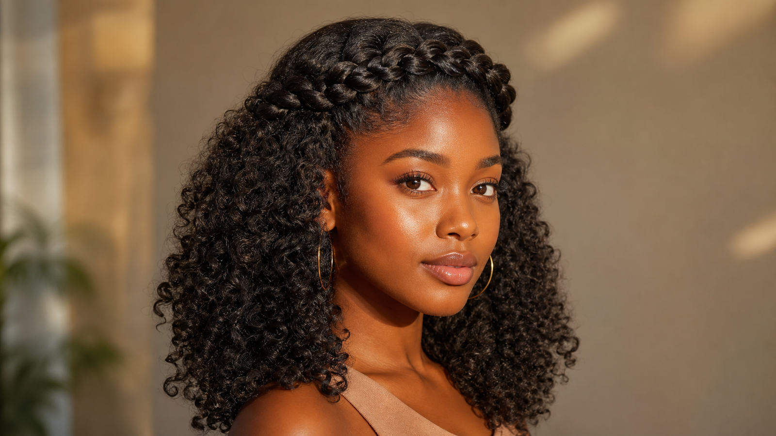 Half-up Dutch braid on curly natural hair — top braid with loose curls below
