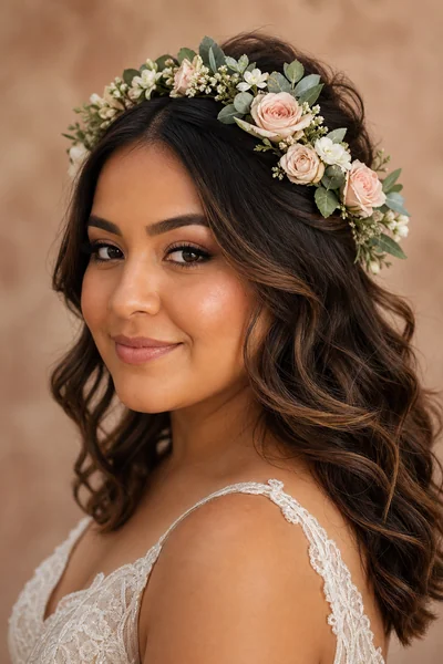 Half-up wedding hairstyle with floral crown for medium hair — romantic bridal option for oval and round face shapes