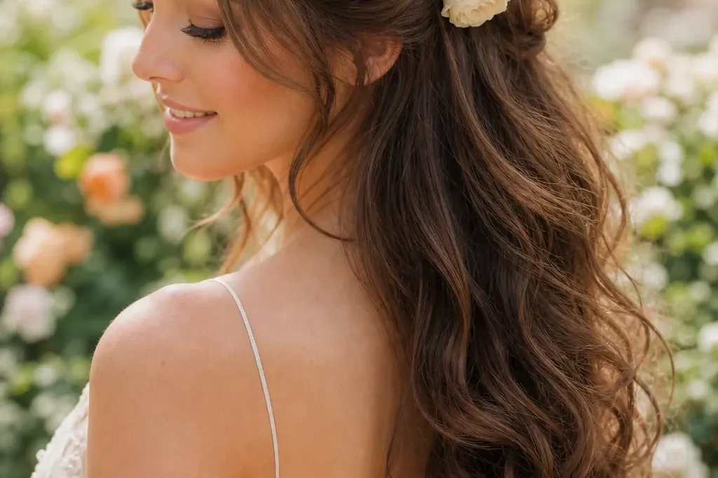 Half-up bridal hairstyle with fresh floral pins for garden weddings