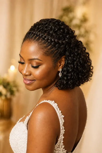 Half-up French braid wedding hairstyle for short hair — intricate bridal style for round and square face shapes