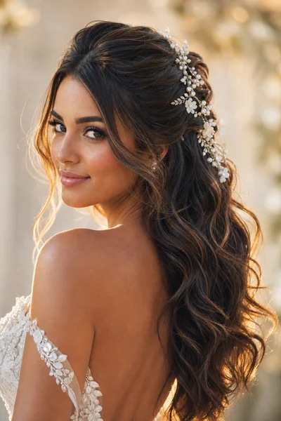 half-up half-down bridal hairstyle with delicate floral hair vine at the crown