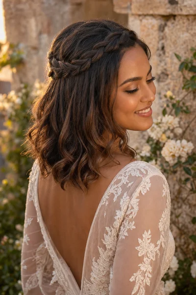 16 Rustic Wedding Hairstyles for Every Hair Length 8 Woman with loose three-strand braid pulled back and soft curled ends, rustic garden at golden hour