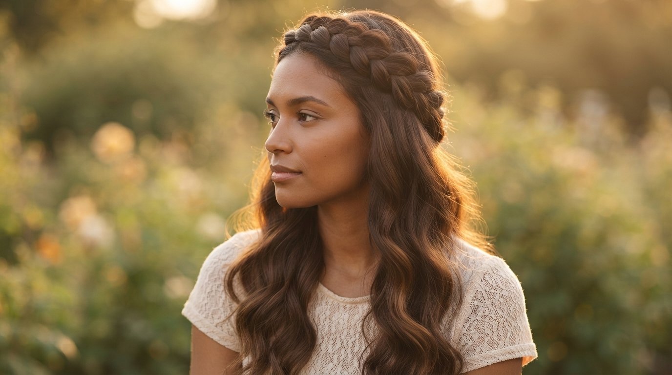 Half-up halo braid with loose wavy hair below the braided crown