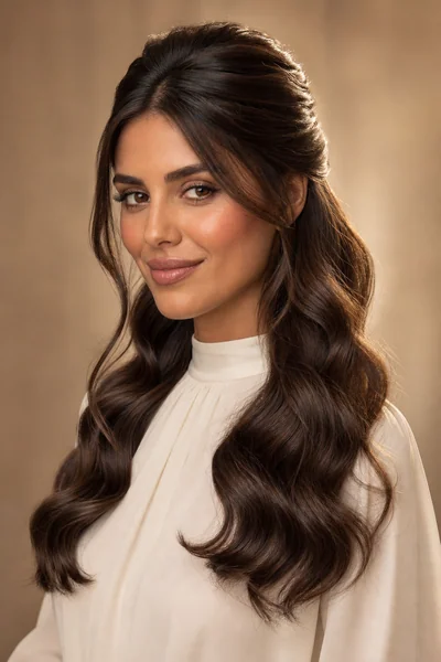Half-up wedding hairstyle with Hollywood waves — glamorous bridal style for oval and heart face shapes with straight to wavy hair
