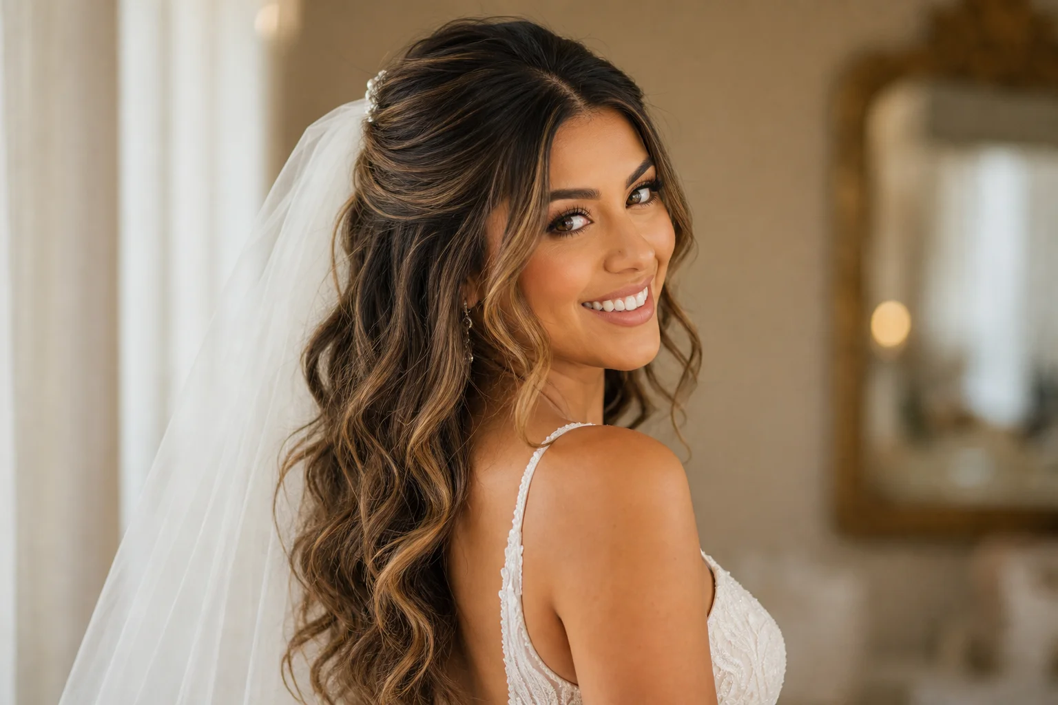 18 Wedding Hairstyles With a Veil You'll Fall in Love With 4 Classic half-up half-down loose waves wedding hairstyle with veil